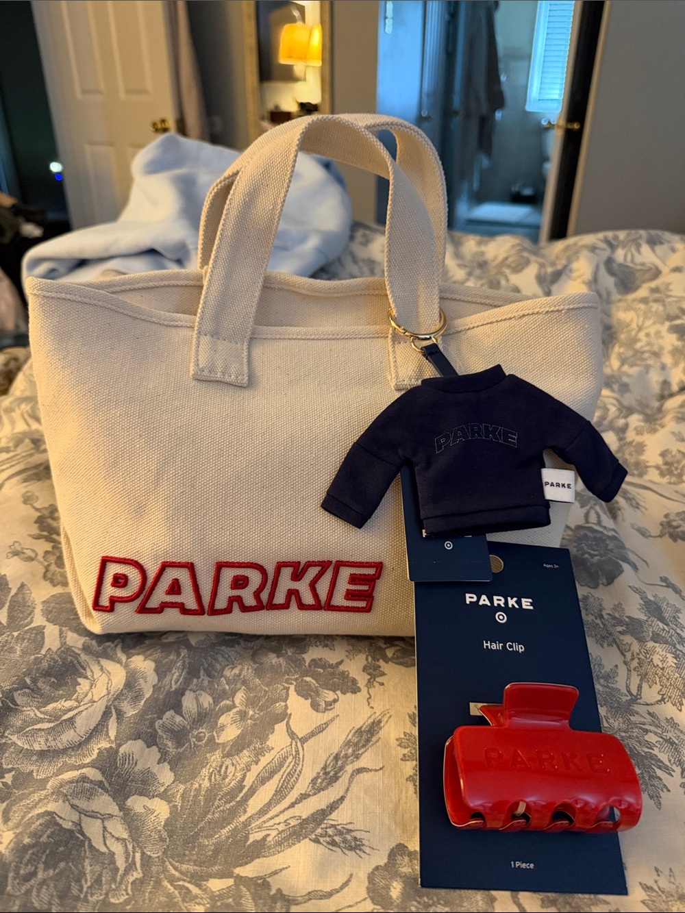 3 piece set - PARKE mini canvas tote, PARKE mockneck keychain, & red clip